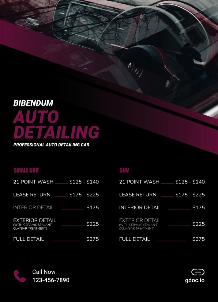 Car Detailing Price List Free Google Docs Template