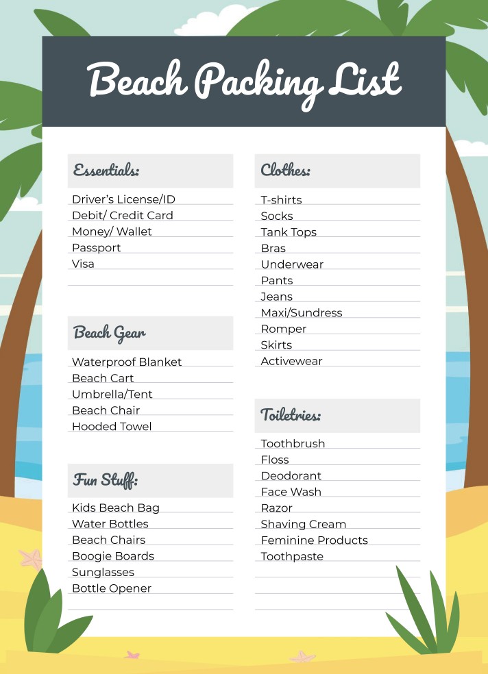 Beach Packing List Free Google Docs Template
