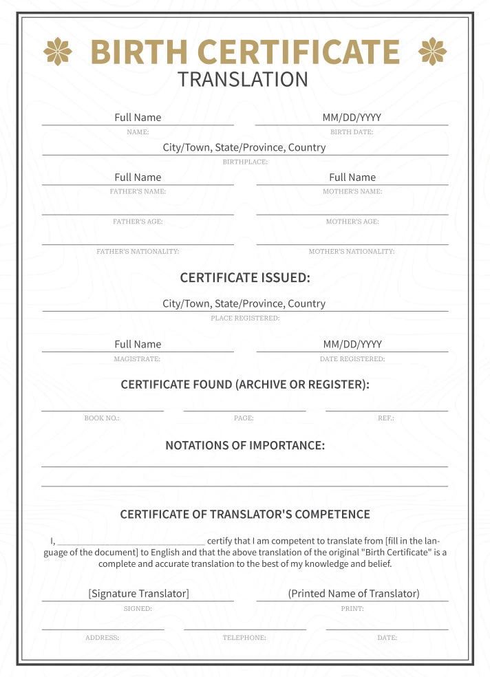 Birth Certificate Translation Free Google Docs Template