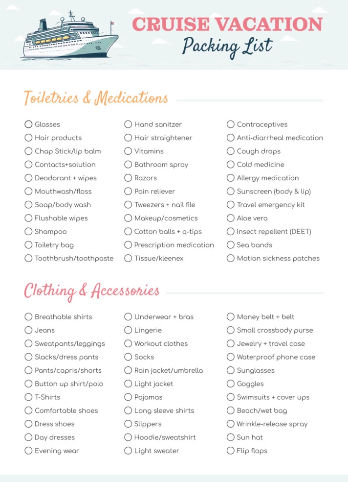 Cruise Vacation Packing List Free Google Docs Template