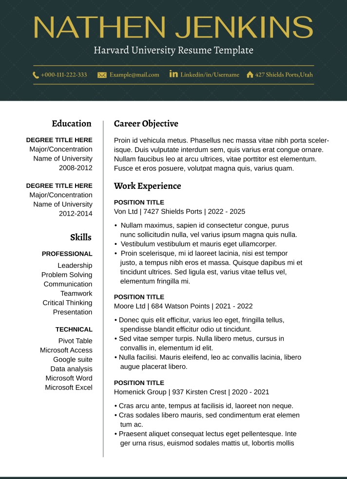 Harvard University Resume Free Google Docs Template