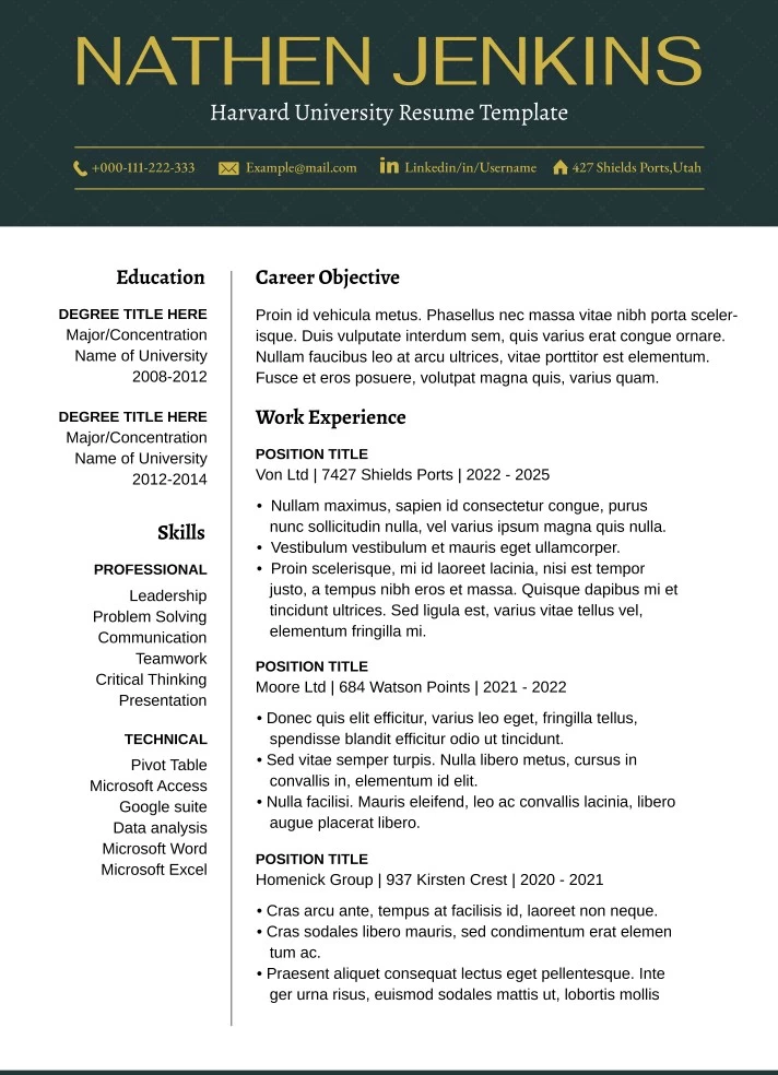Harvard University Resume Free Google Docs Template