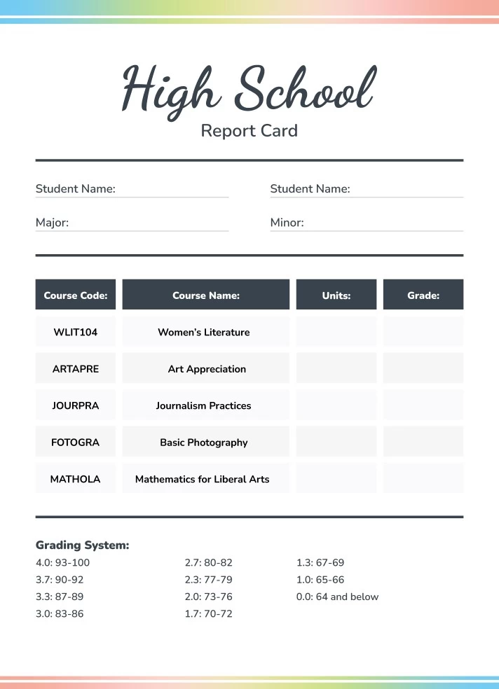 High School Report Card Free Google Docs Template