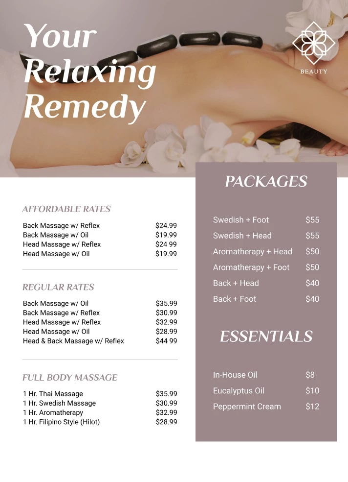 Massage Price List Free Google Docs Template