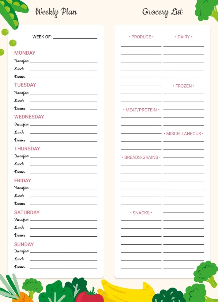 Meal Plan Grocery List Free Google Docs Template