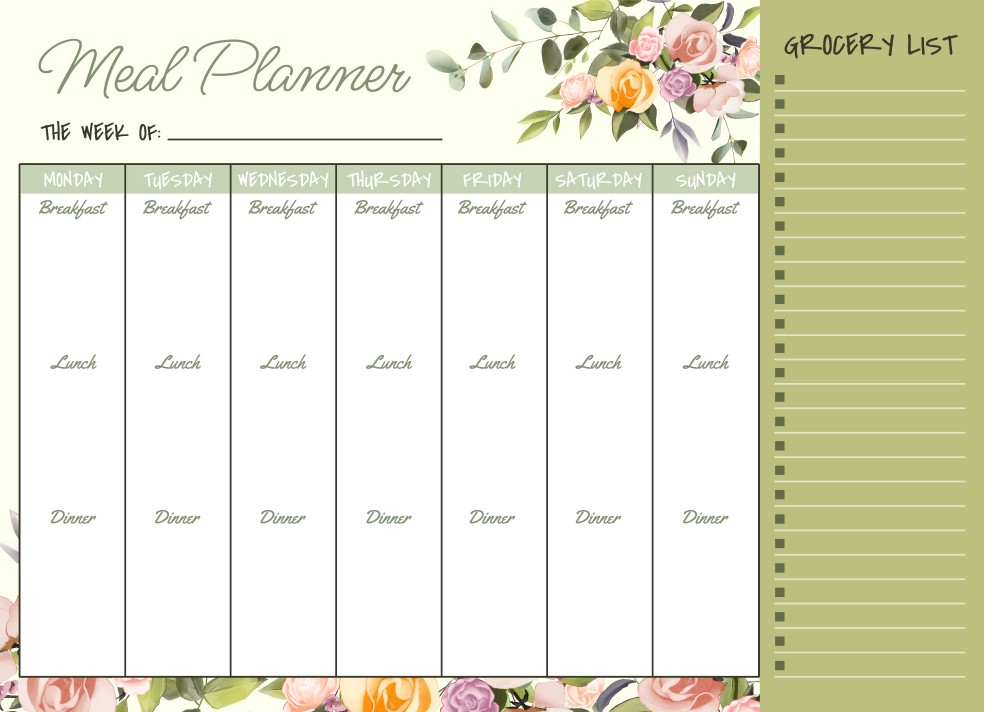 Meal Planner With Grocery List Free Google Docs Template