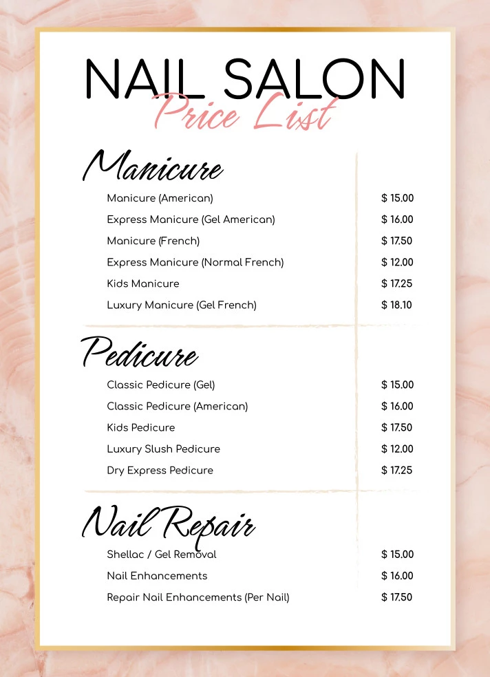 Nail Salon Price List Free Google Docs Template