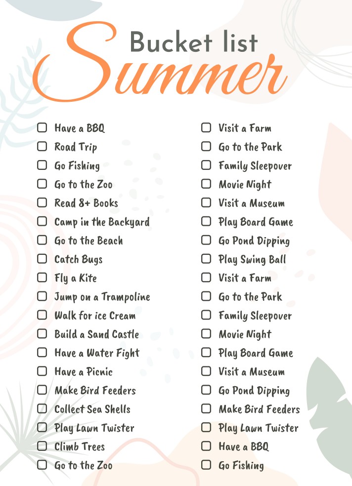 Summer Bucket List for Adults Free Google Docs Template - gdoc.io