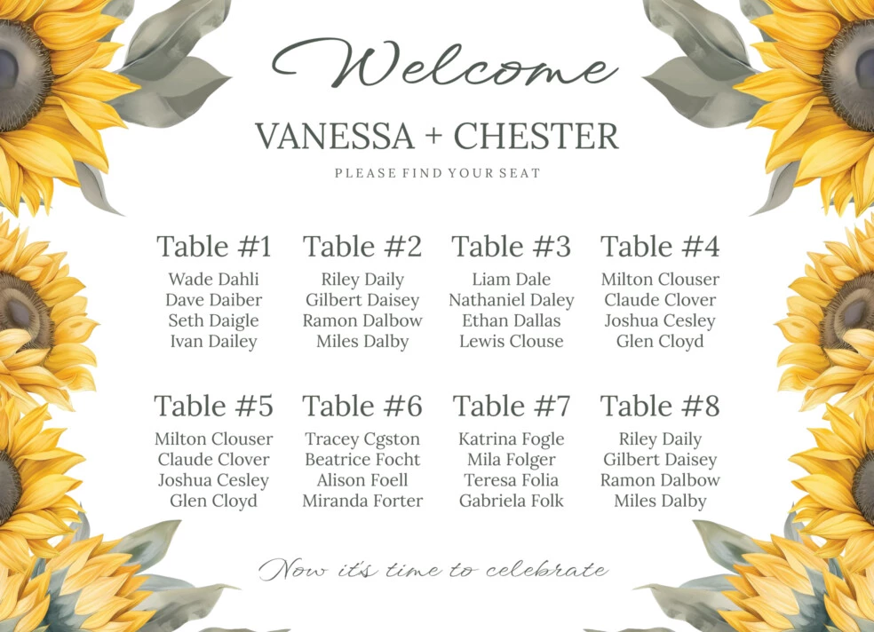 Sunflower Wedding Seating Chart Free Google Docs Template