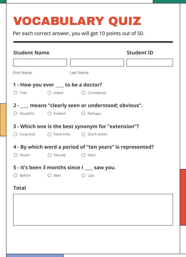 Vocabulary Quiz Free Google Docs Template
