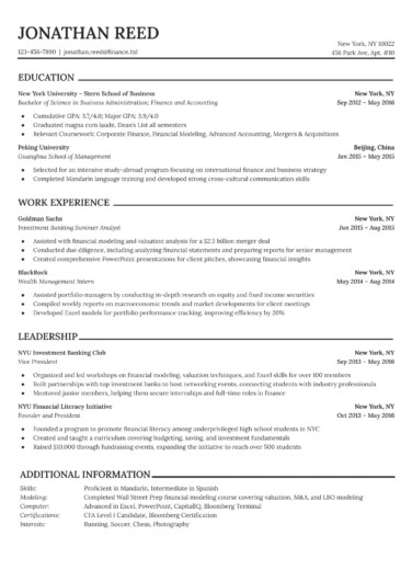 WSO Investment Banking Resume Free Google Docs Template