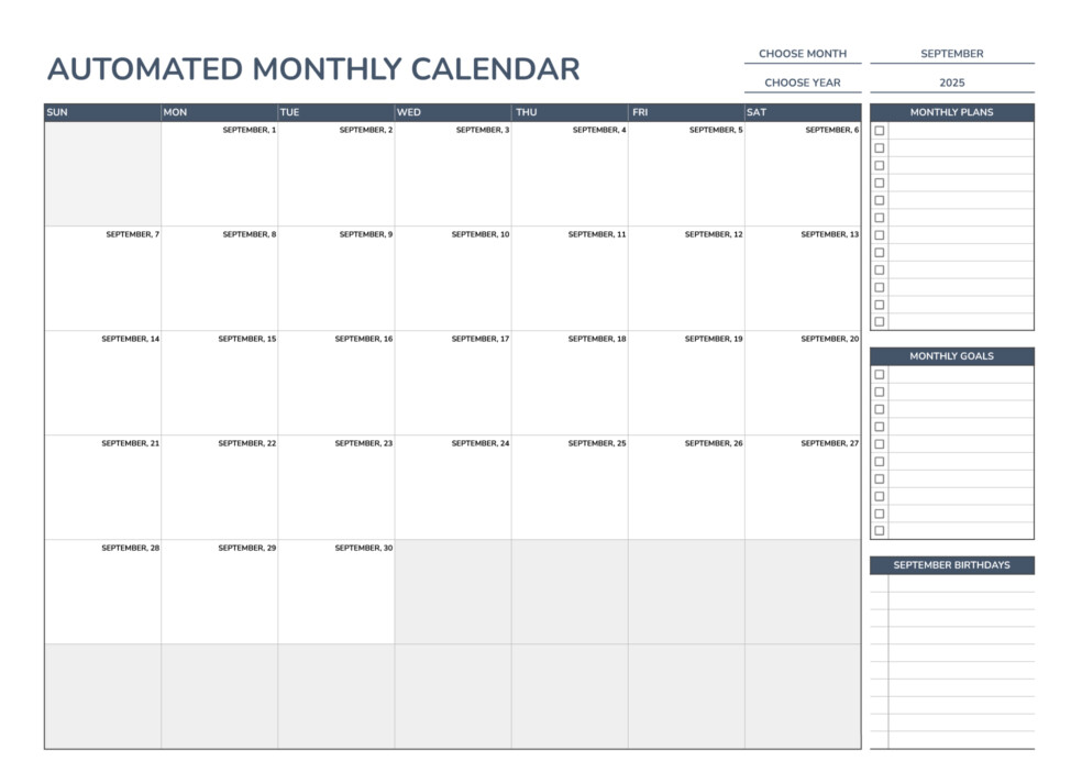 Automated Monthly Calendar Free Google Sheets & Excel Template