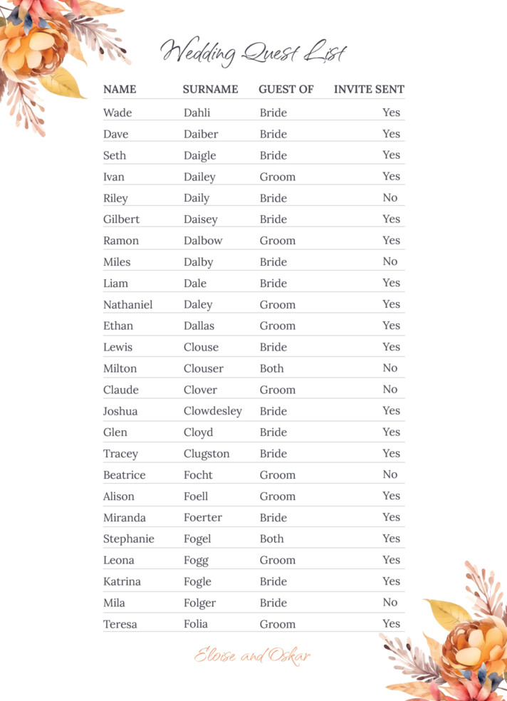 Autumn Wedding Guest List Free Google Docs Template