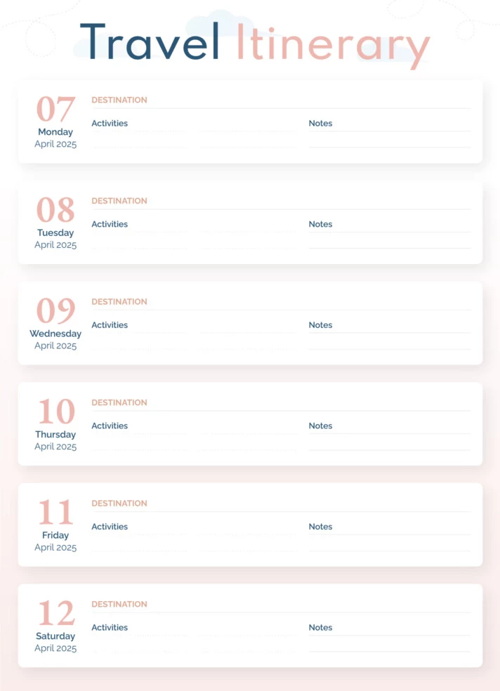 Basic Travel Itinerary Free Google Docs Template