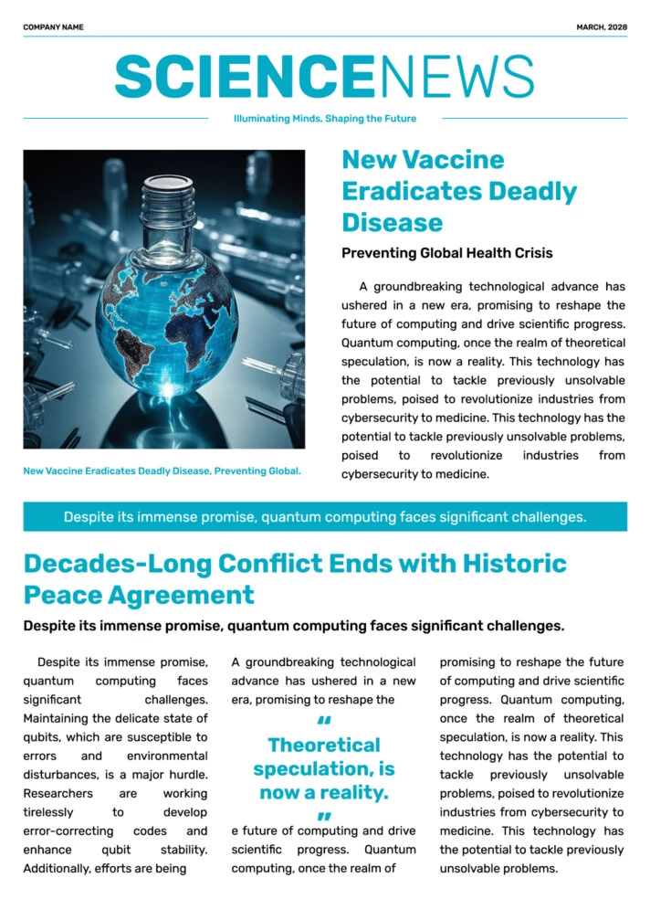 Blue Minimal Science Newspaper Free Google Docs Template