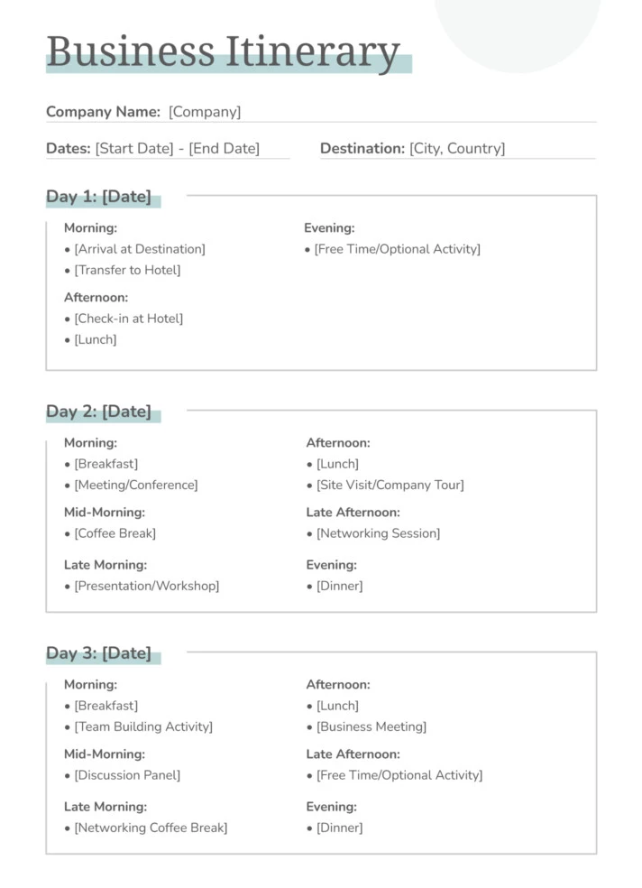 Business Itinerary Free Google Docs Template