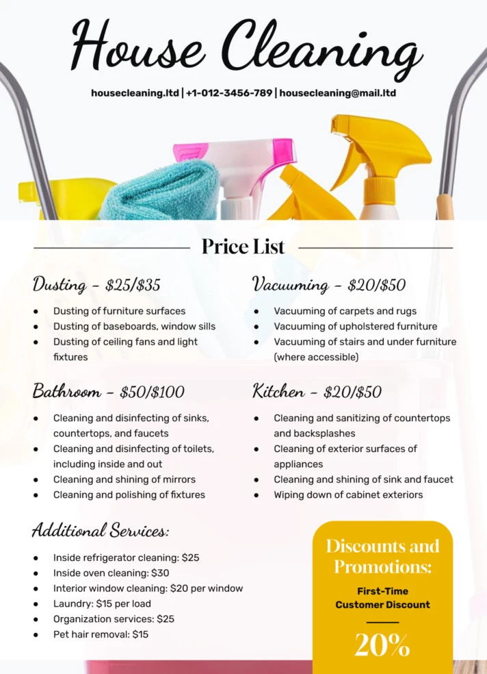 Commercial House Cleaning Price List Free Google Docs Template