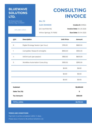 Consulting Invoice Free Google Sheets & Excel Template