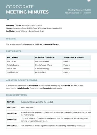 Corporate Meeting Minutes Free Google Docs Template