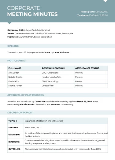 Corporate Meeting Minutes Free Google Docs Template