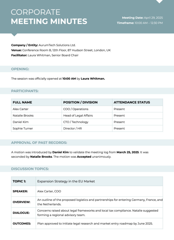 Corporate Meeting Minutes Free Google Docs Template