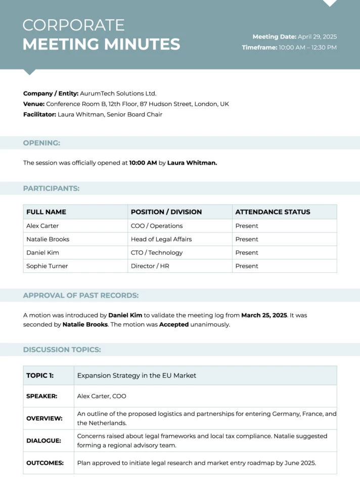 Corporate Meeting Minutes Free Google Docs Template