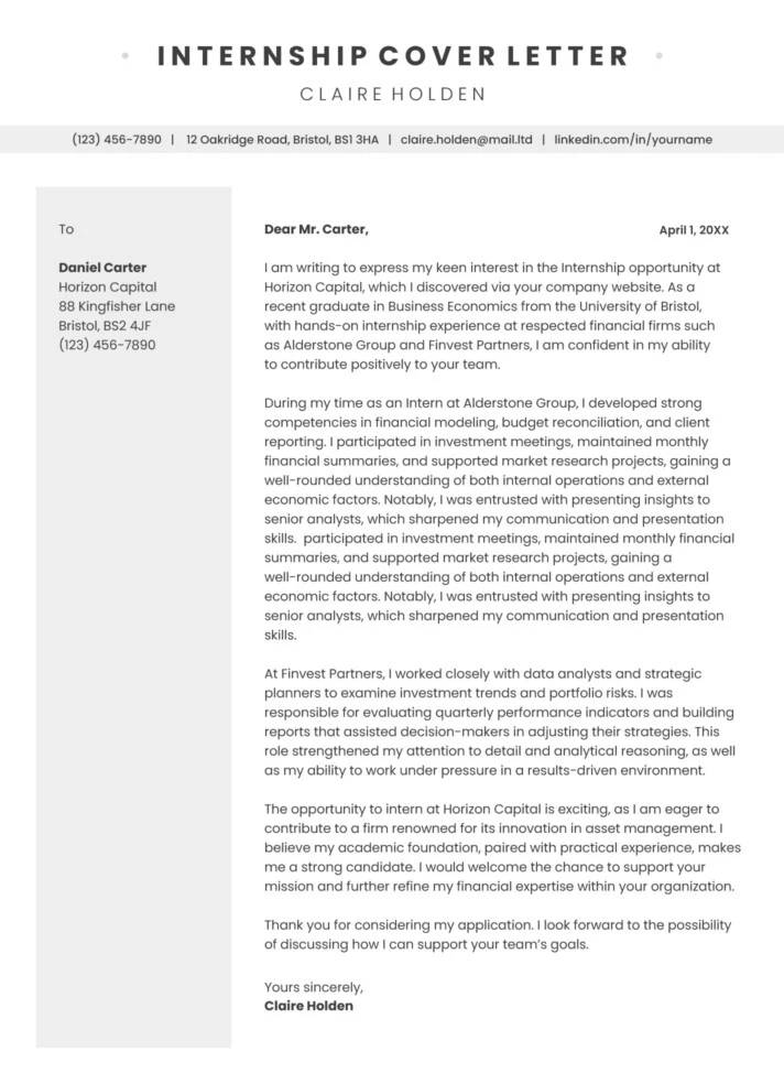 Cover Letter for Internship Free Google Docs Template