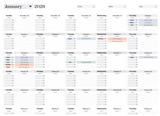 Digital Family Calendar Free Google Sheets & Excel Template