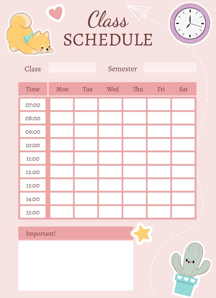 Editable Cute Class Schedule Free Google Docs Template