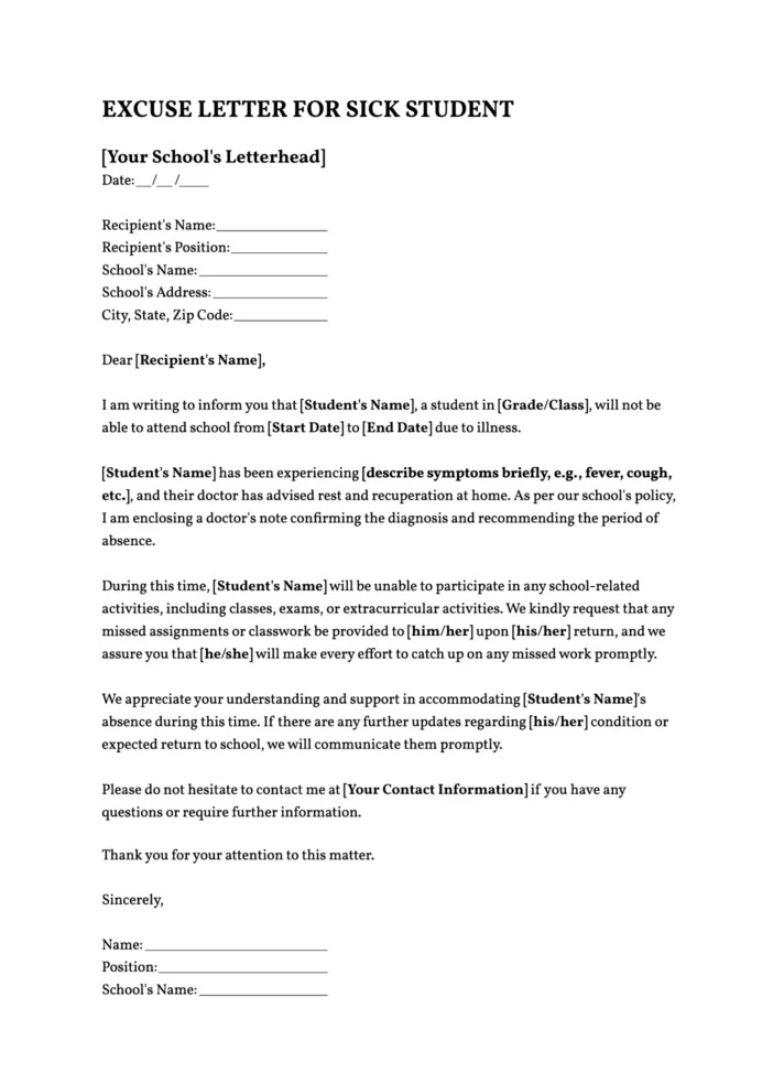 Excuse Letter for Sick Student Free Google Docs Template