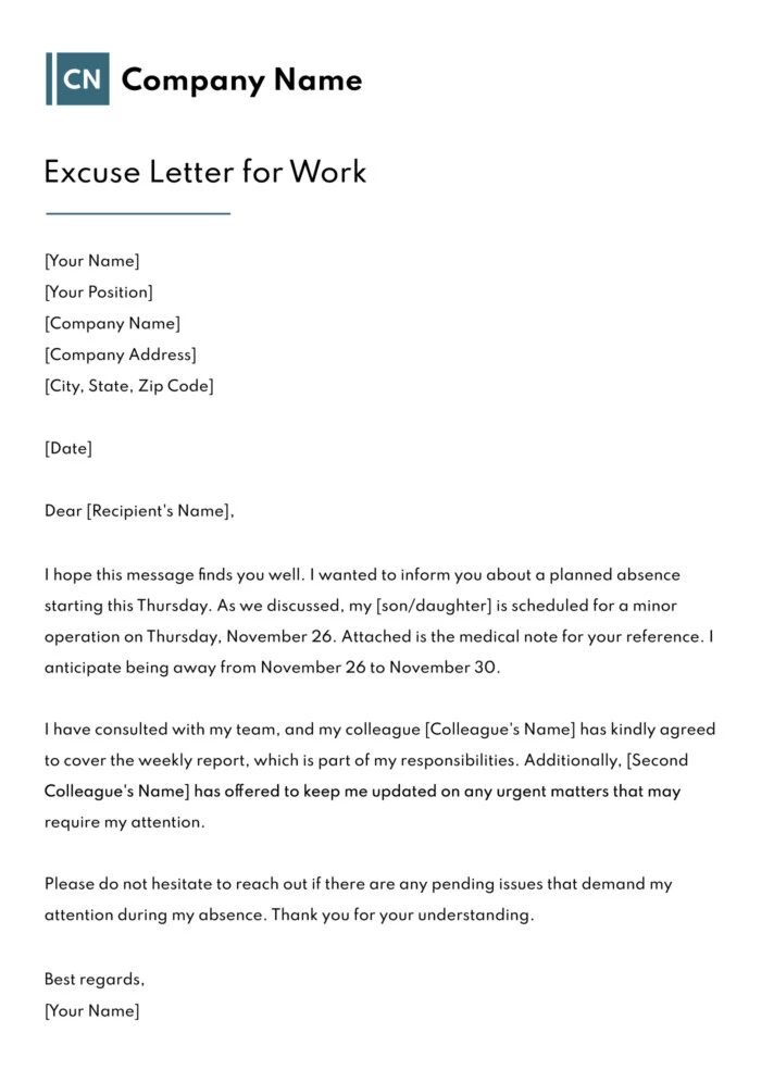 Excuse Letter for Work Free Google Docs Template