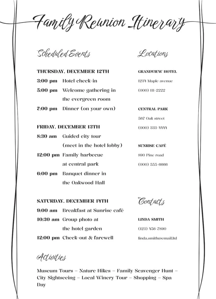 Family Reunion Itinerary Free Google Docs Template