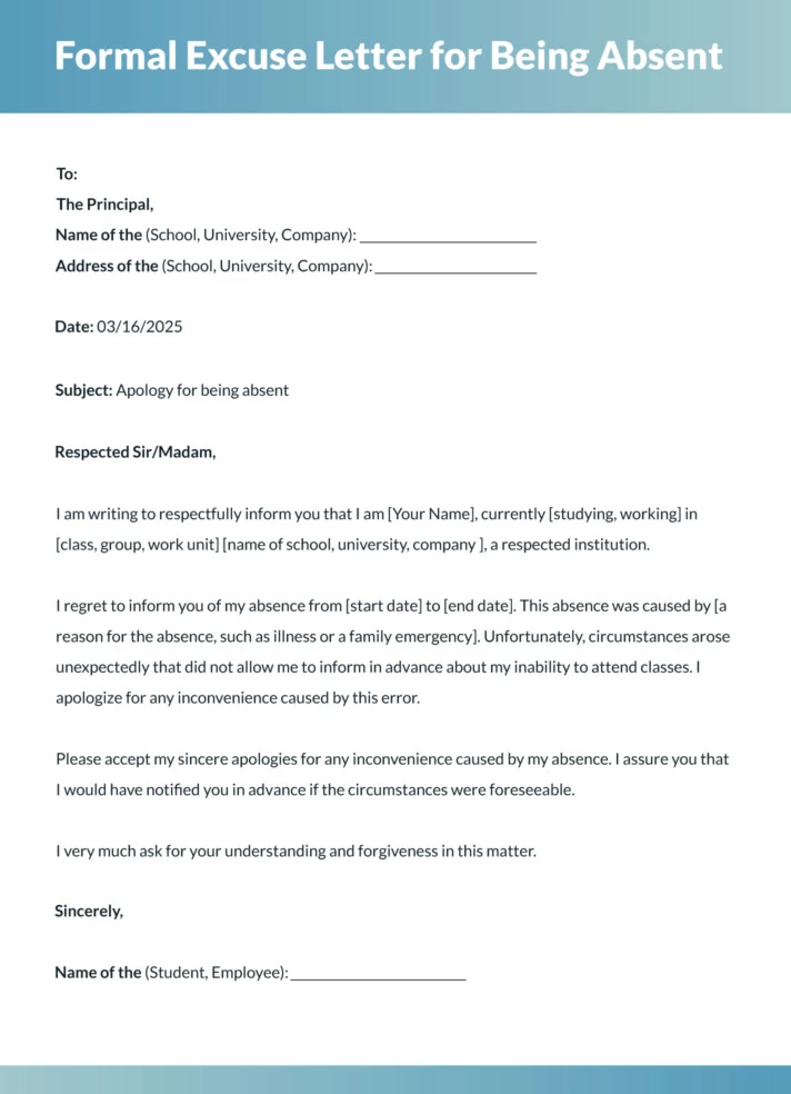 Formal Excuse Letter for Being Absent Free Google Docs Template