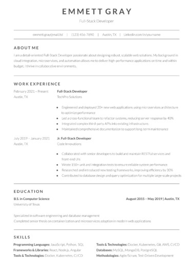 Full Stack Developer Resume Free Google Docs Template