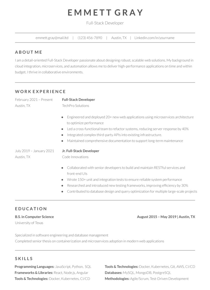 Full Stack Developer Resume Free Google Docs Template