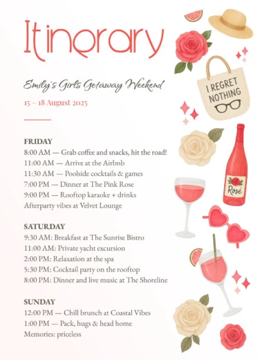 Girls Trip Itinerary Free Google Docs Template