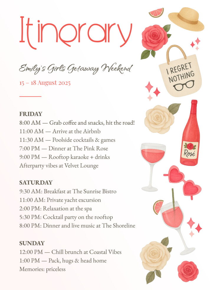 Girls Trip Itinerary Free Google Docs Template