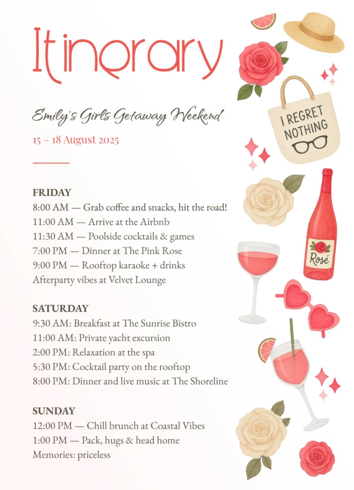 Girls Trip Itinerary Free Google Docs Template