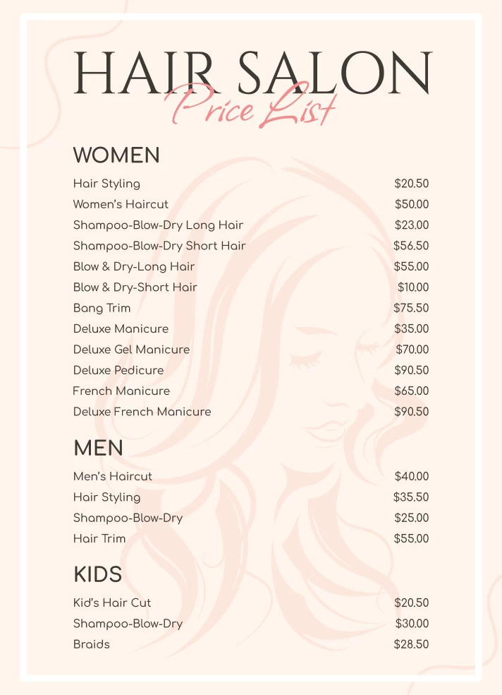 Hair Salon Price List Free Google Docs Template