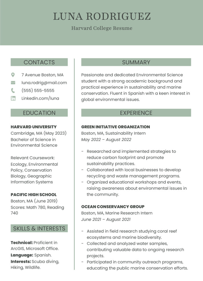 Harvard College Resume Free Google Docs Template