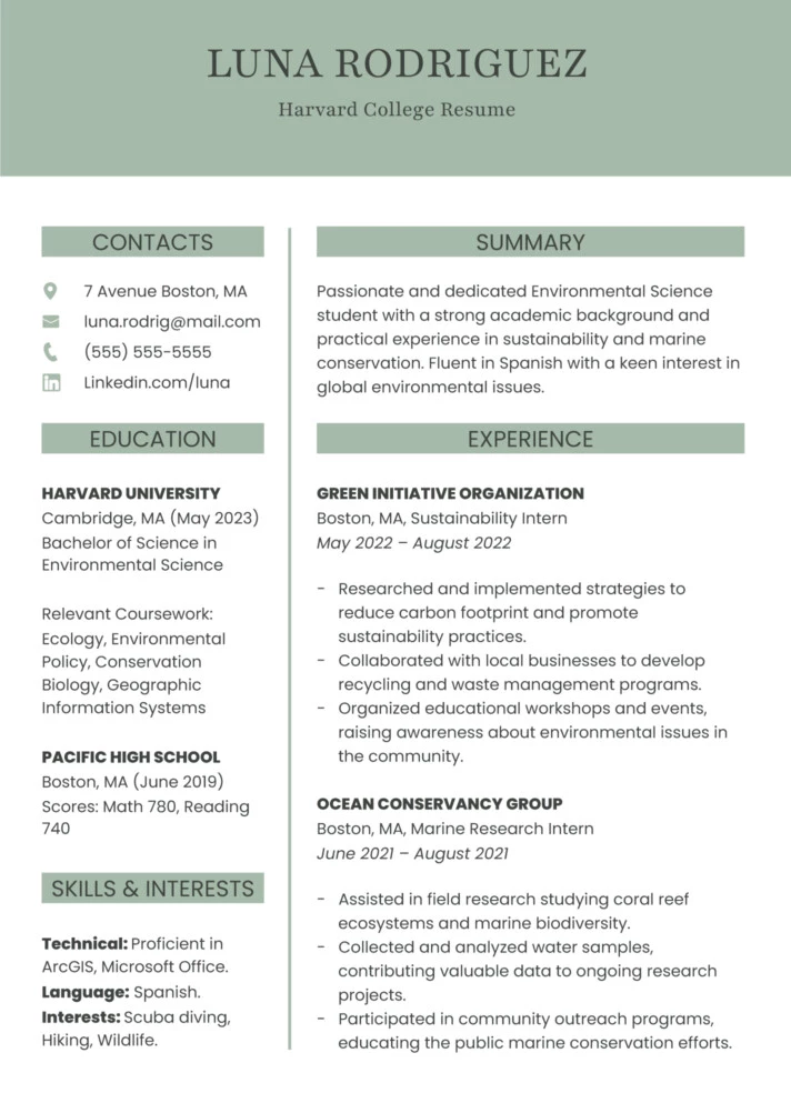 Harvard College Resume Free Google Docs Template