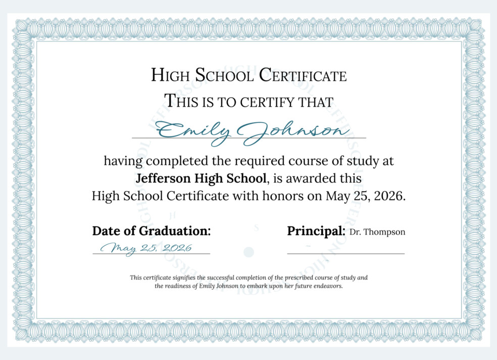 High School Certificate Free Google Docs Template