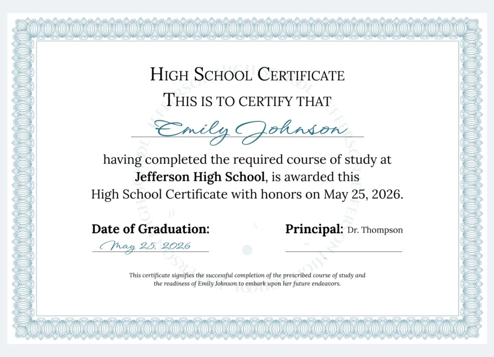 High School Certificate Free Google Docs Template