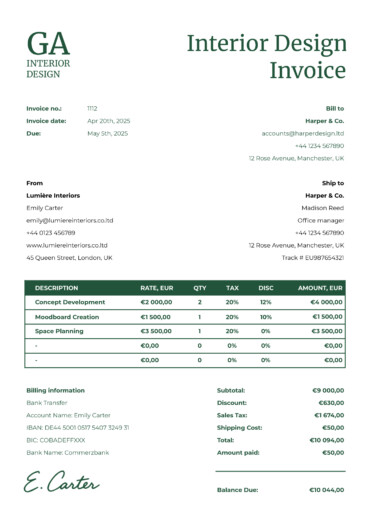 Interior Design Invoice Free Google Sheets & Excel Template