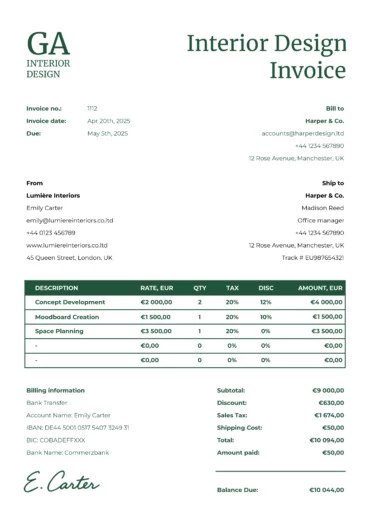 Interior Design Invoice Free Google Sheets & Excel Template