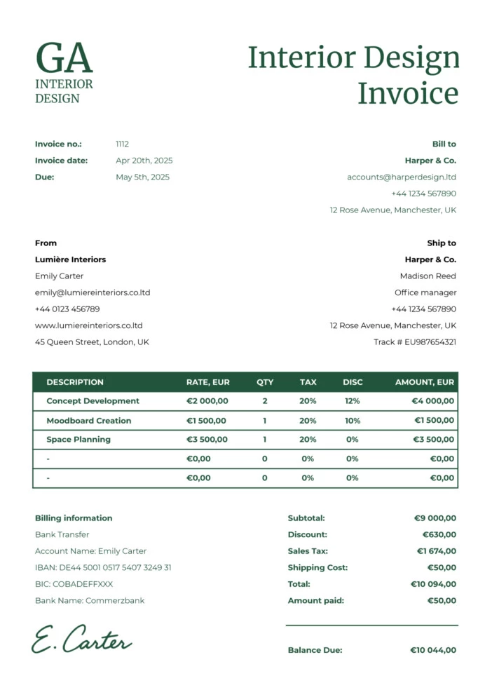 Interior Design Invoice Free Google Sheets & Excel Template