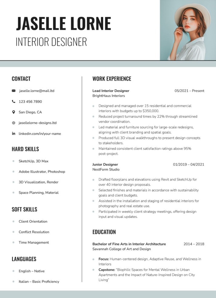 Interior Designer Resume Free Google Docs Template