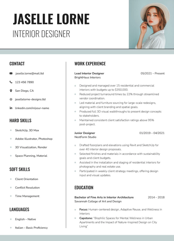 Interior Designer Resume Free Google Docs Template