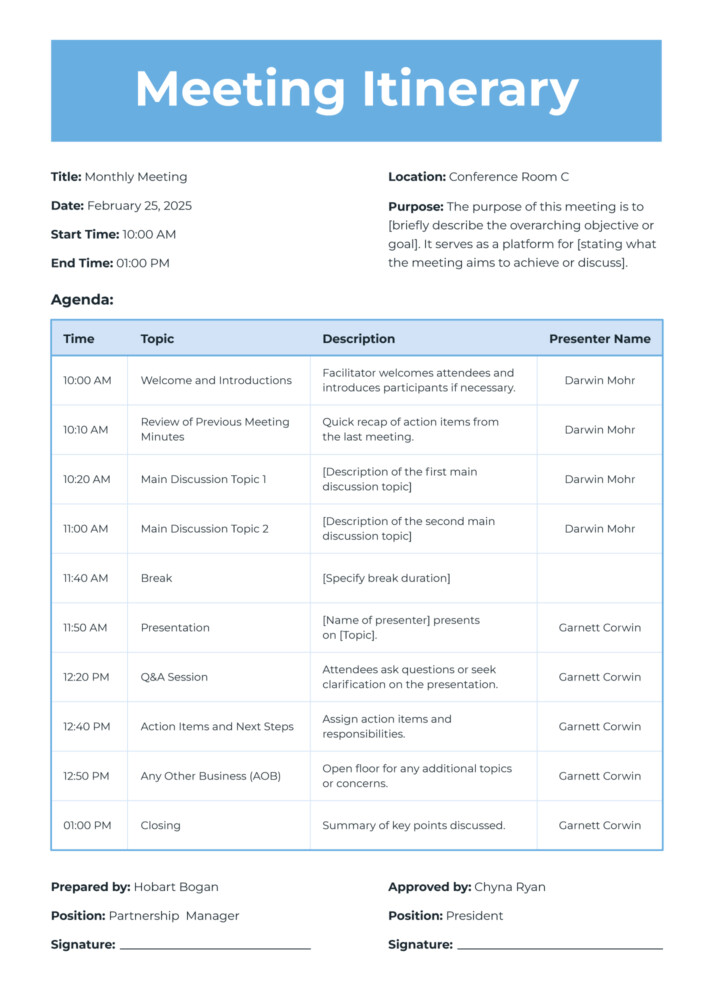 Meeting Itinerary Free Google Docs Template