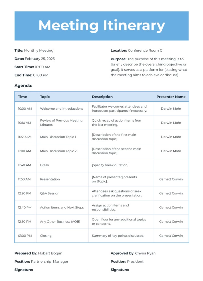 Meeting Itinerary Free Google Docs Template